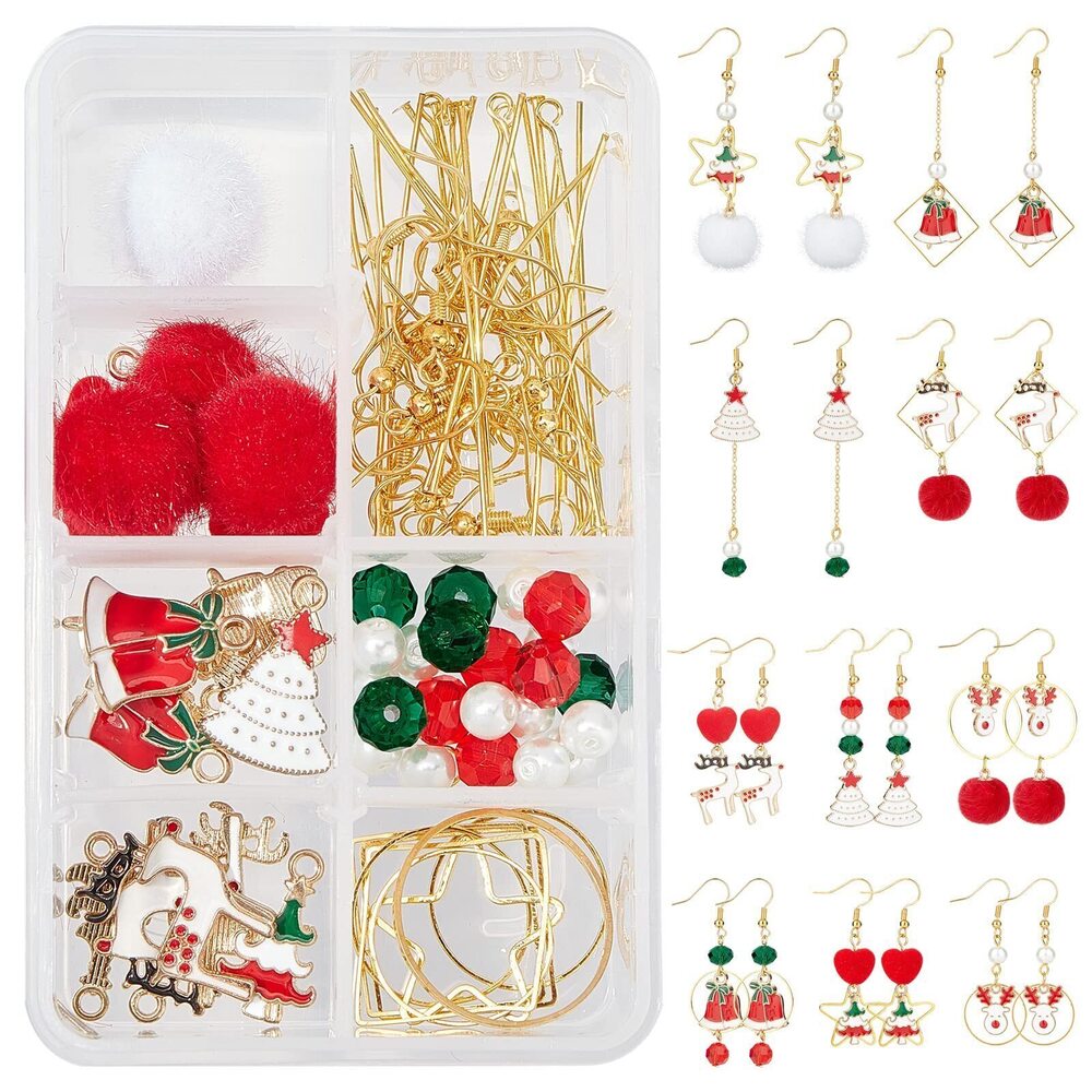 2285 1 Box DIY 10 Pairs Christmas Fabric Fur Pompom Earring Making Kits